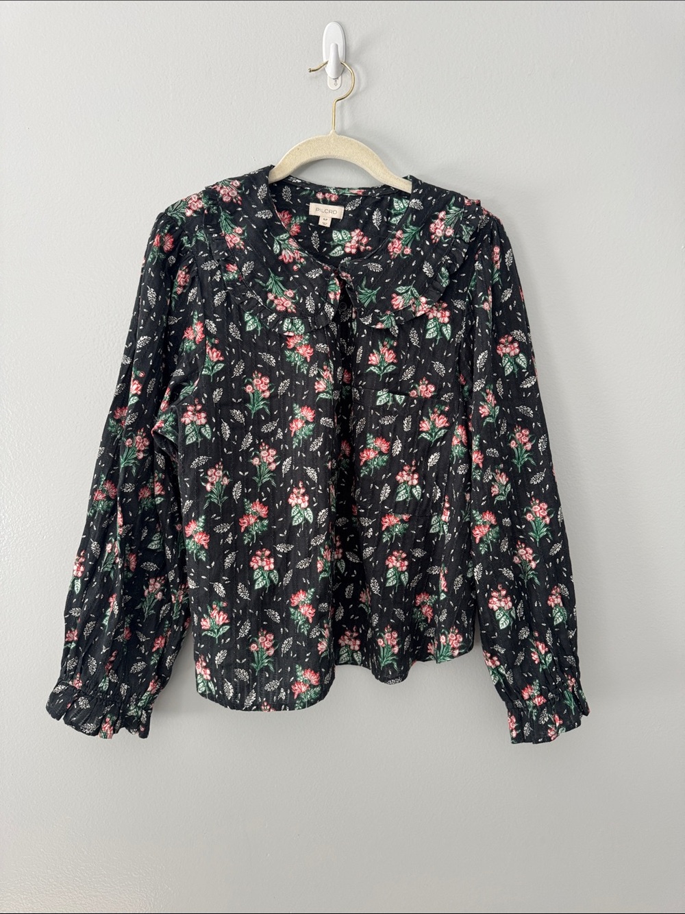 Pilcro Black Floral Ruffle-Collar Blouse Size XLP Cottagecore Prairie Boho